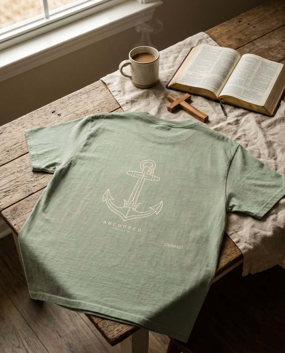 Anchored tee with anchor graphic laid on a wooden table with an open Bible and wooden cross