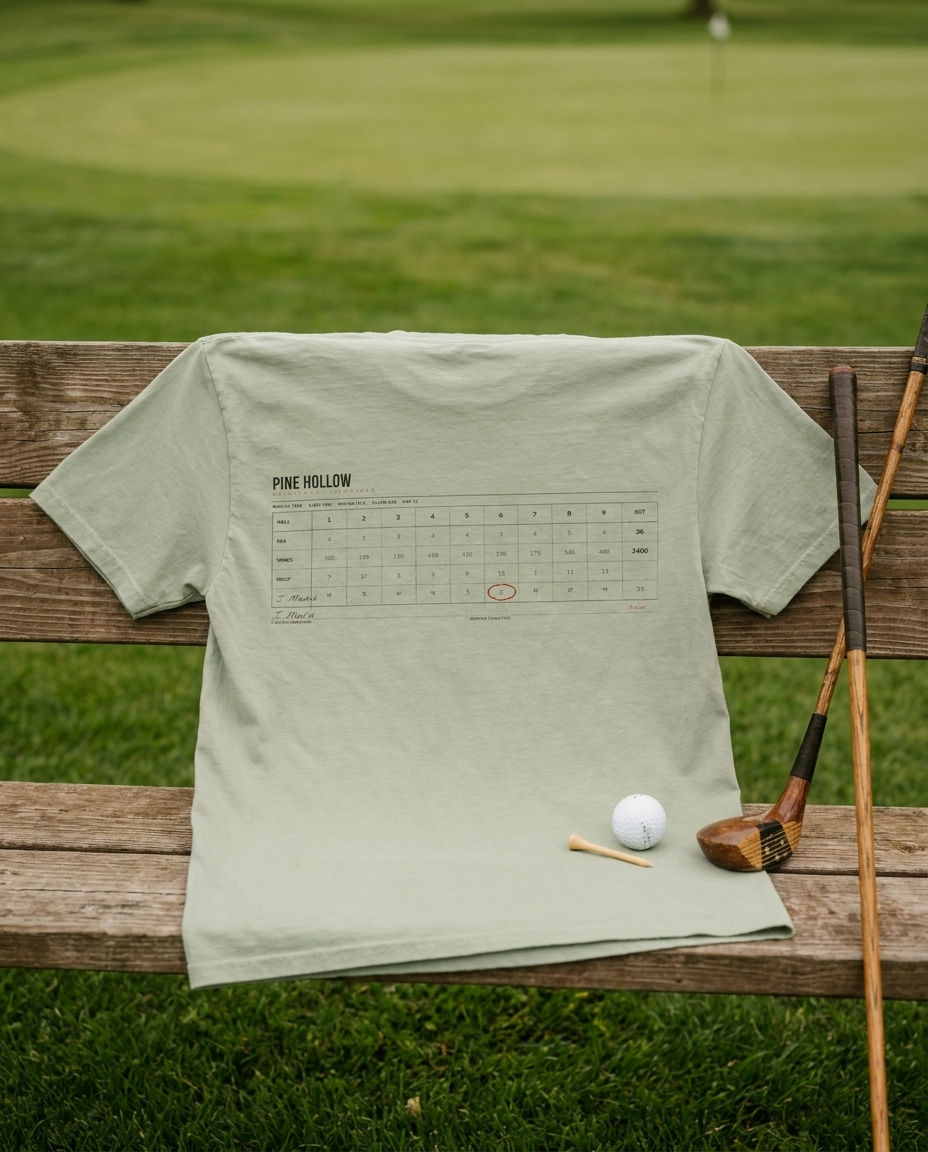 Pine Hollow Golf Club contour map tee displayed on a wooden bench beside a putting green