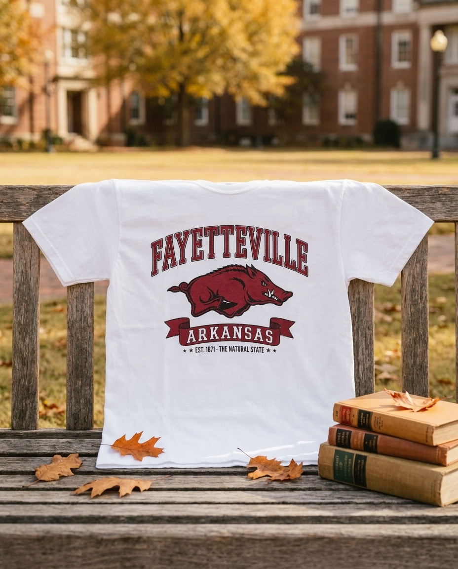 Fayetteville Arkansas gameday tee displayed on a wooden bench on a brick campus quad with autumn leaves