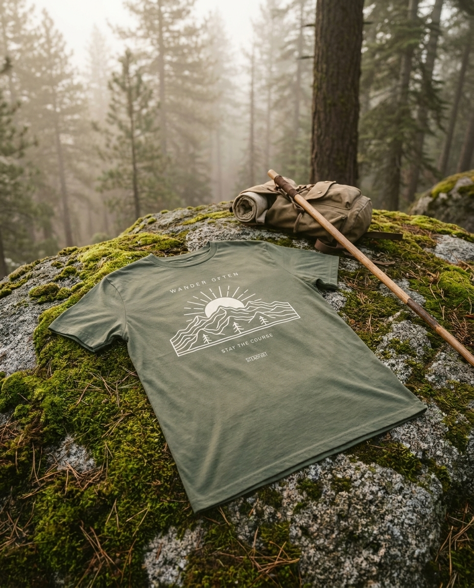 Wander Often mountain graphic tee laid on a moss-covered rock in a misty pine forest