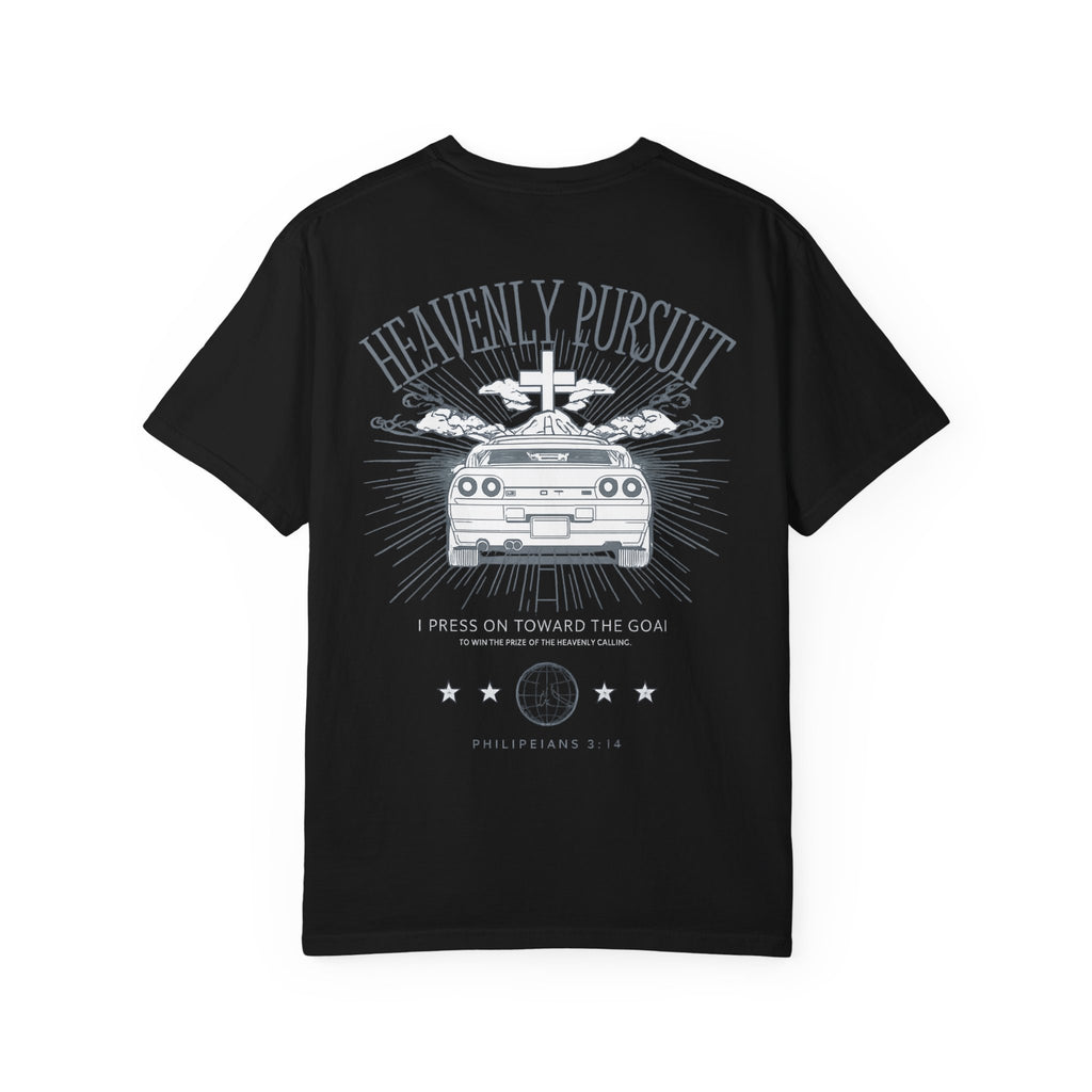 Heavenly Pursuit T-Shirt — Christian Car Graphic with 'I Press On Toward the Goal' (Philippians 3:14)