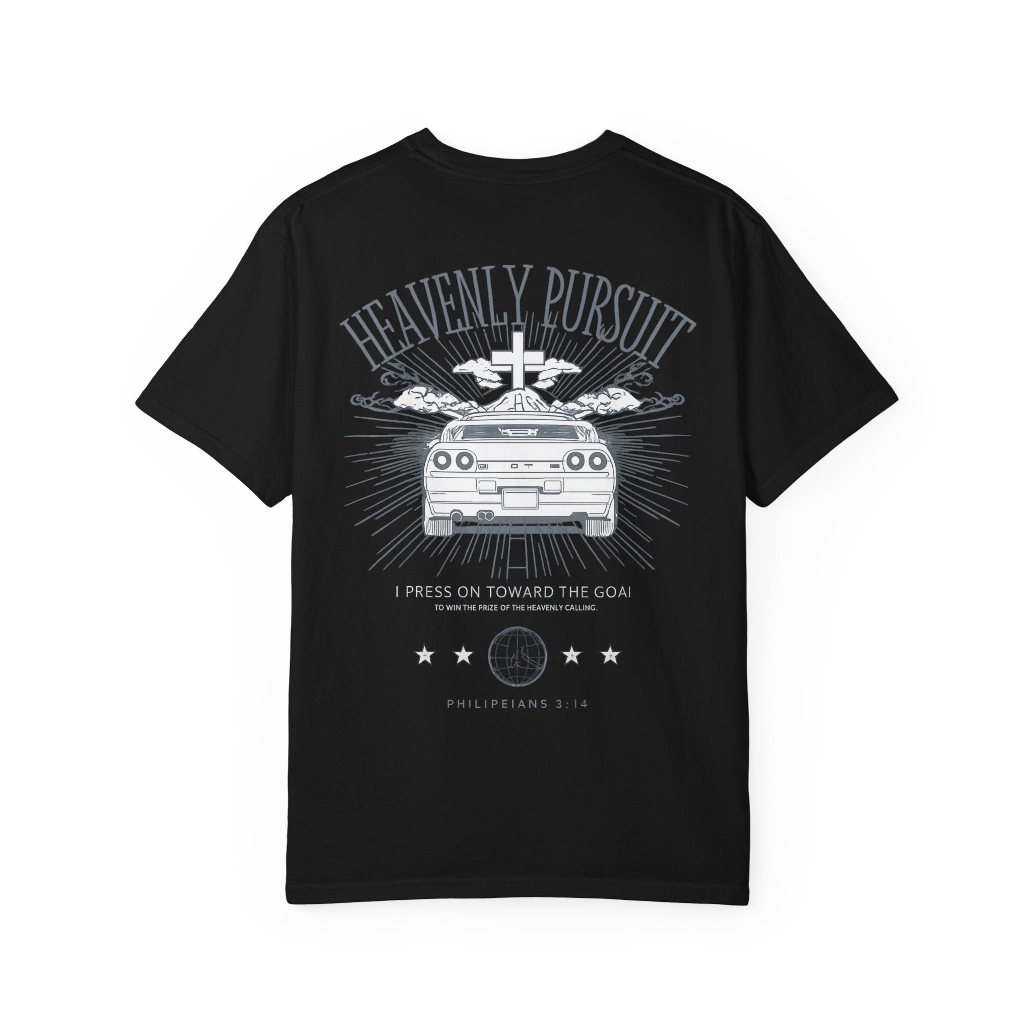 Heavenly Pursuit T-Shirt — Christian Car Graphic with 'I Press On Toward the Goal' (Philippians 3:14)
