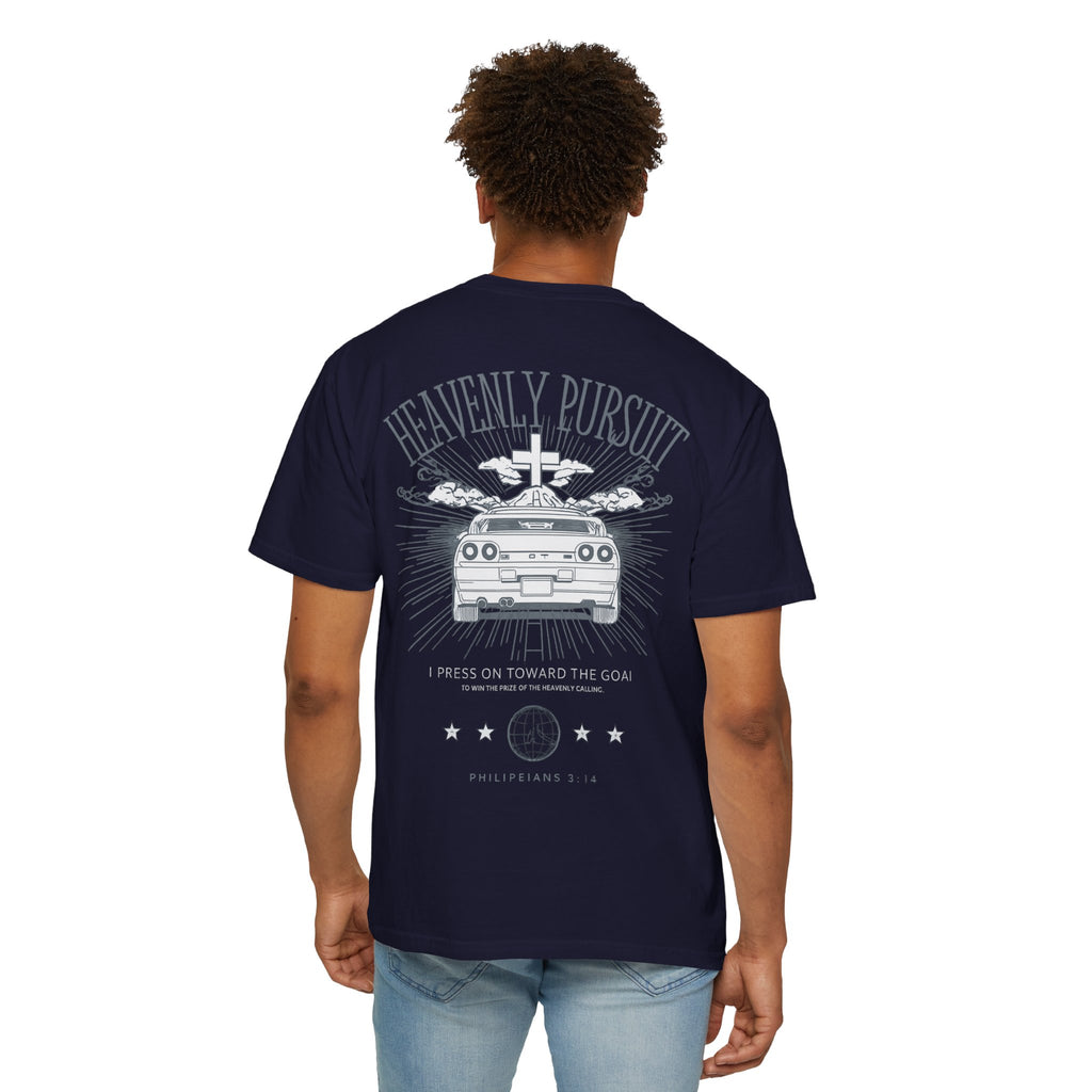 Heavenly Pursuit T-Shirt — Christian Car Graphic with 'I Press On Toward the Goal' (Philippians 3:14)
