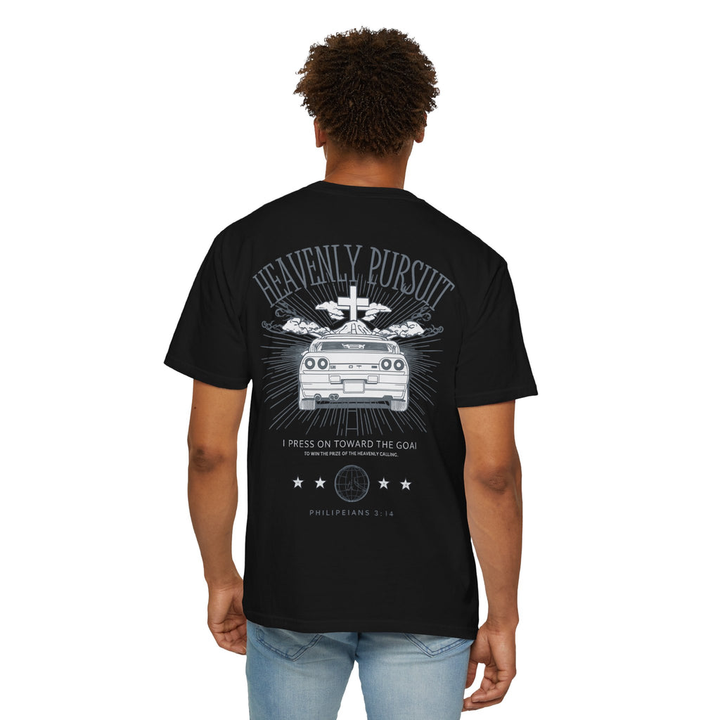 Heavenly Pursuit T-Shirt — Christian Car Graphic with 'I Press On Toward the Goal' (Philippians 3:14)